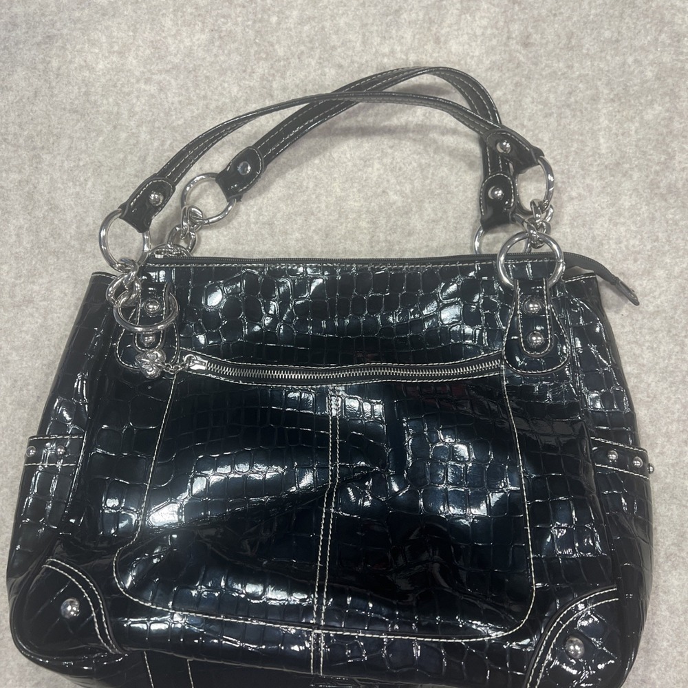 Kathy Van Zeeland  Black Patent Leather Croc-Embossed Bag Large Gorgeous EUC